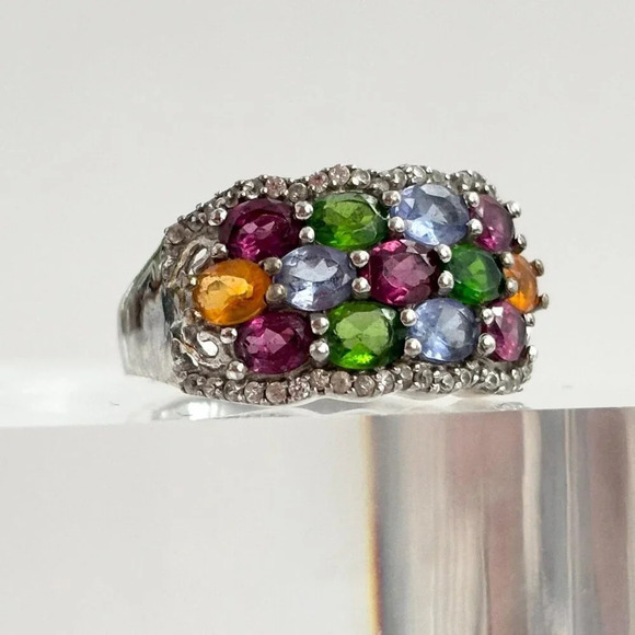 Sterling Silver Rainbow Blooming Garden Gemstone Partial Halo Vintage Ring Sz 6 - Picture 1 of 10